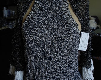 Black & White Handmade Knit Sweater Shirt Halter Top with Shrug Women's Fashion Two Piece Knit Cardigan Winter Fashion Wear