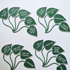Puede incluir: Un conjunto de 12 etiquetas para plantas de color verde en forma de hoja con texto blanco. Las etiquetas presentan frases humorísticas y ingeniosas relacionadas con el cuidado de las plantas y la propiedad de las plantas. Algunas de las frases incluyen "Grow with the Flow", "I Be-Leaf in You", "Plant Addict", "Not Dead Yet" y "Grow Dammit".