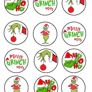 Puede incluir: Diseños circulares navideños con el Grinch con gorro de Papá Noel. Los diseños incluyen los textos "Ho Ho Ho" y "Merry Grinchmas" en verde y rojo, ideales para manualidades festivas.