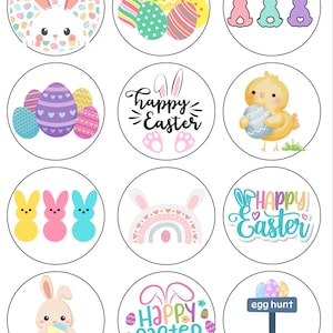May include: Twelve round cupcake toppers featuring Easter themes. Designs include bunnies, chicks, eggs, rainbows, and the text "Happy Easter".