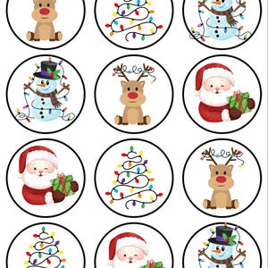May include: Twelve round Christmas themed stickers featuring a reindeer, snowman, Santa Claus, and a Christmas tree with lights. The stickers are white with a black outline.