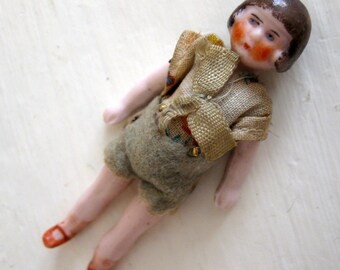 Antique German Dollhouse Bisque Flapper Doll with Bobbed Hair, Felt Clothes
