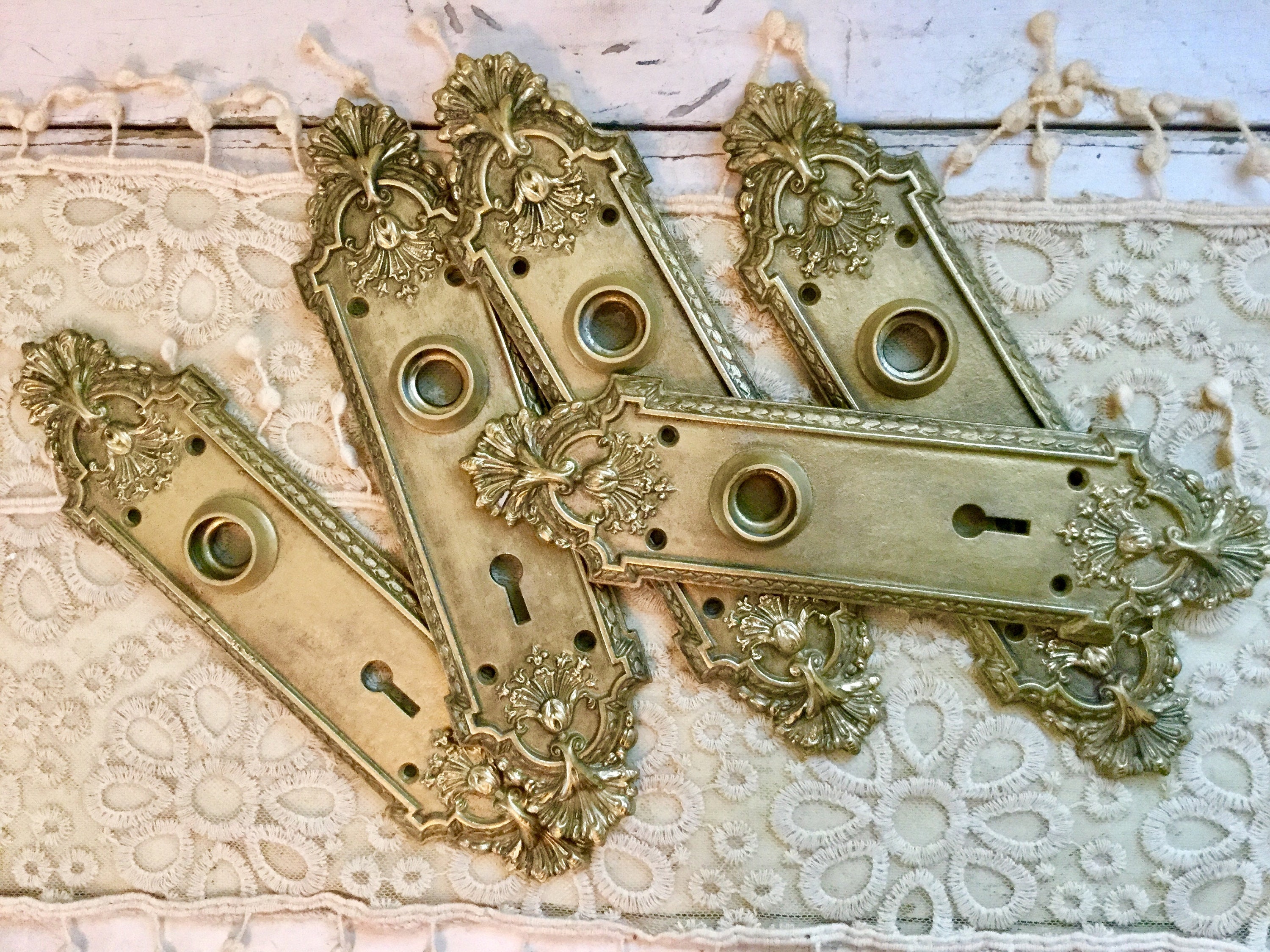 Antique Brass Escutcheon Door Knob Plate Ornate Plates Set Etsy