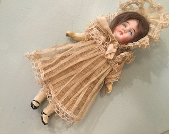 Antique 5” Mignonette Composition German Girl Doll for Doll Under Clothes Lace Dress