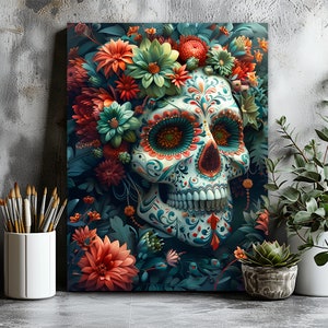 Arte de la pared del Día de Muertos, Arte del Día de Los Muertos, Arte de la pared del lienzo del cráneo, Impresión del cráneo, Arte del cráneo, Arte gótico, Arte de la pared del cráneo, Arte único