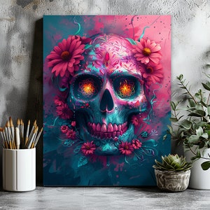 Sugar Skull Wall Art, Floral Skull Artwork, Skull Canvas Wall Art, Skull Print, Skull Art, Gothic Art, Dark Art, Wall Hangings
