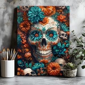 Day of The Dead Skull Wall Art, Dia De Los Muertos Skull Artwork, Skull Canvas Wall Art, Skull Print, Skull Art, Gothic Art, Wall Hangings