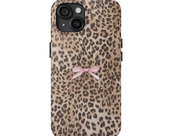 Handyhülle mit Leopardenmuster und rosa Schleife, Coquette Handyhülle