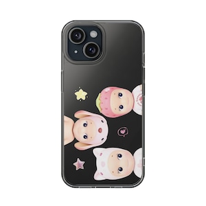 Custodia trasparente per iPhone 16 15 14 13 12 11 X 8 7 Galaxy S23 S22 S21 S20 con orecchie cadenti, gatto e cane, con scritta Sonny Angel