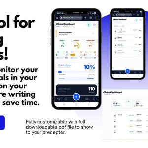 May include: A promotional image for a nursing clinicals app. The image shows three smartphones displaying the app's interface, along with a desktop view. Text on the image promotes the app as a tool to track and monitor clinicals.
