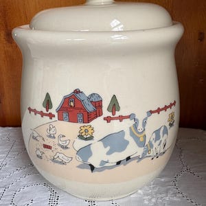 Vintage Stoneware Cookie Jar with Farm Animal Scene