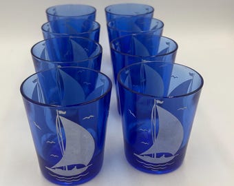 Vasos Hazel Atlas azul cobalto con diseño de velero, juego de 8