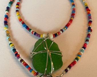 Green Sea Glass Seed Bead Necklace