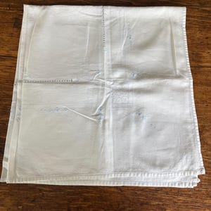 May include: A folded white linen tablecloth with delicate blue embroidered details. The embroidery features floral and geometric patterns, adding a touch of elegance to the fabric. The tablecloth is neatly folded, showcasing the intricate design.