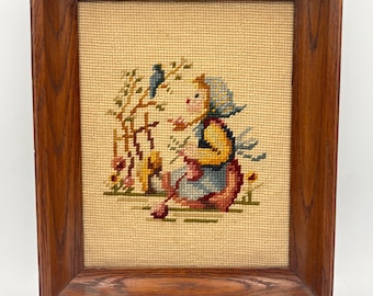 Niño Hummel bordado a punto de cruz con marco de madera, 11,5” x 9,5”