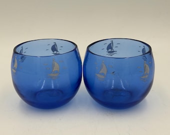 Hazel Atlas MCM Cobalt Blue Roly Poly Glasses Set of Two