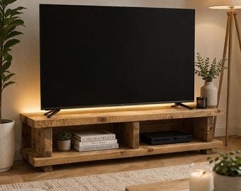 Rustic, Handcrafted Solid Wooden Low Rise TV Unit/Stand, With Dividers