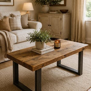 Rustic, Handcrafted Solid Wooden Coffee Table With Metal Square Frame Legs