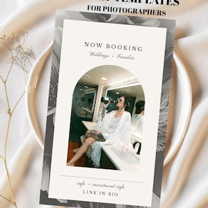 May include: A digital marketing template for photographers. The design features the text "18 Instagram Story Templates for Photographers" and "Now Booking Weddings + Families". The image includes a photo of a person in a white robe.