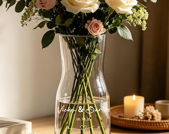 Jarrón de boda personalizado, regalo de compromiso a medida, regalo para recién casados, jarrón de recuerdo de boda, regalo de aniversario, jarrón con nombre y fecha.