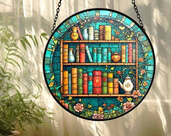 Glasmalerei-Bücherregal-Sonnenfänger, Blumenbibliothek-Fensterbehang