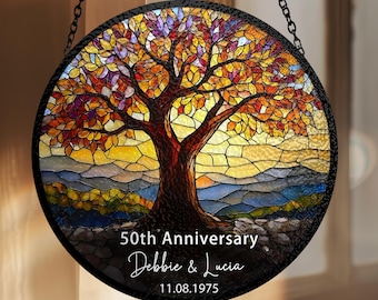 Personalized 50th Anniversary Stained Glass Suncatcher, Tree of Love Window Hanging, Golden Anniversary Gift for Couple, Romantic  Decor