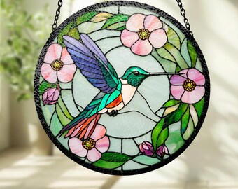Vitral decorativo com beija-flor e flores, ideal para pendurar na janela. Presente perfeito para amantes de pássaros e para o aniversário da mãe.