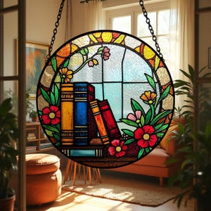 May include: A stained glass window panel depicting a stack of books with a floral design. The books are yellow, blue, and red. The flowers are pink, red, and yellow. The panel is round and has a black metal frame.
