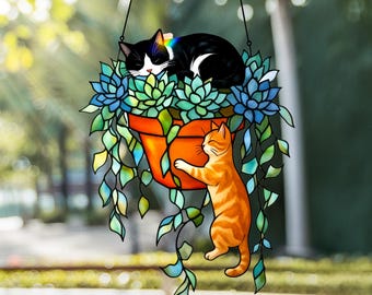 Vitral Acrílico em Formato de Gato para Pendurar na Janela | Arte Decorativa Feita à Mão | Presente Ideal para Amantes de Gatos e Plantas