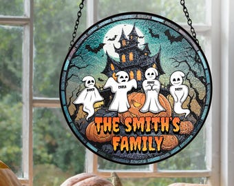 Personalized Ghost Family Suncatcher, Halloween Stained Glass Window Hanging