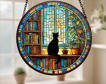 Gato Preto em Vitral na Estante de Livros, Enfeite de Janela em Vidro, Presente para Amantes de Livros, Decoração de Biblioteca