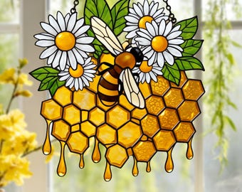 Vitral Acrílico com Abelhas e Margaridas | Enfeite de Janela Inspirado na Natureza | Presente para Amantes de Abelhas | Ornamento Artesanal para Casa