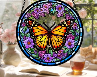 Vitral Borboleta Monarca para Pendurar na Janela, Decoração Floral Inspirada na Natureza, Presente para o Dia das Mães