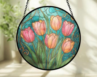Vitral em formato de tulipa, enfeite de janela floral feito à mão, presente para a mãe.