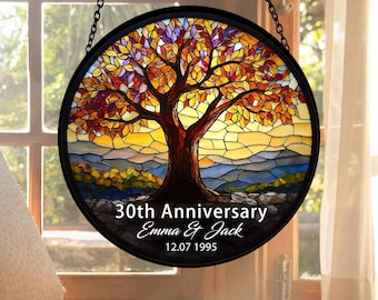 Vitral personalizado Árvore da Vida para pendurar na janela, presente personalizado para 30º aniversário de casamento, presente para o Dia dos Namorados.