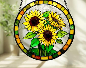 Vitral de girassol para pendurar na janela, enfeite floral de borboleta, decoração para jardim da mamãe