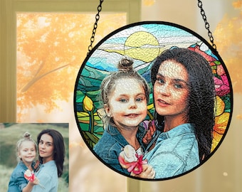 Personalized Photo Stained Glass Suncatcher, Custom Family Window Hanging