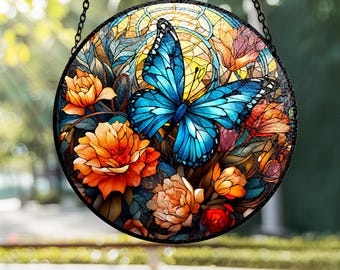 Vintage Butterfly Stained Glass Suncatcher, Blue Butterfly Window Hanging Art, Nature Inspired Home Decor Gift