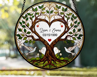 Vitral personalizado para aniversário de casamento, árvore da vida para pendurar na janela, decoração romântica.