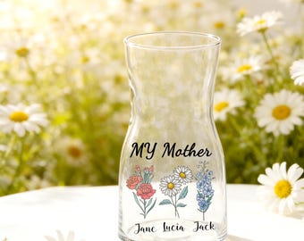 Vaso personalizado com flores de nascimento para a mãe, vaso personalizado com buquê de flores da família, presente de Dia das Mães para a avó, vaso com nomes dos filhos