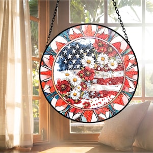 American Flag Suncatcher, Floral Stained Glass Art, Home Decor,  Patriotic Window Hanging, 4th of July Independence Day Gift, Birthday Gift