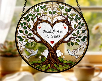 Vitral personalizado para casamento, árvore da vida para pendurar na janela, decoração romântica de aniversário, presentes para recém-casados.