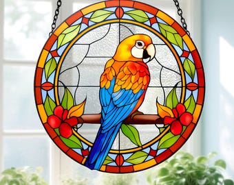 Vitral em forma de papagaio, enfeite de janela com arara tropical, presente para amantes de pássaros, presente para mães.