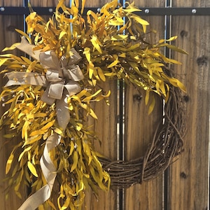 Neutral Fall Wreath: Yellow Grass, Burlap Bow, Rustic Boho Decor