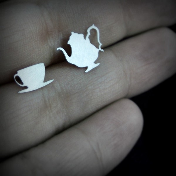 Tea earrings - silver tone stainless steel Alice in Wonderland jewelry - teacup and teapot stud earrings