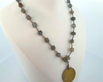 Labradorite Gemstone Necklace & Antique French Coin – Unique Boho Chic Pendant, Gift for Her