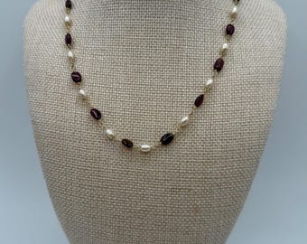 Garnet and Pearl Chain Necklace, Gold Filled Gemstone Necklace, Simple Pearl Garnet Necklace