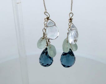 Handmade London Blue Topaz Aquamarine Earrings – Sterling Silver Dangles – Elegant Blue Gemstone Jewelry