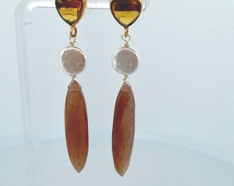Chocolate Moonstone Earrings with Coin Pearl & Citrine Studs – Artisan Gemstone Jewelry