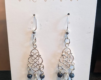 Chandelier Style Swarovski and Blue Sapphire Silver Plated Filigree Earrings-Unique Handcrafted Earrings